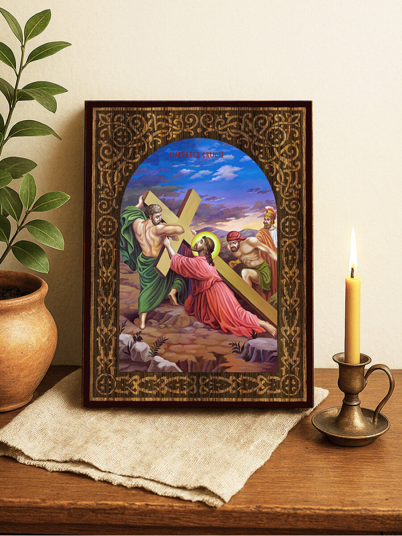 Icoană Purtarea Crucii – cu arc floral din lemn
