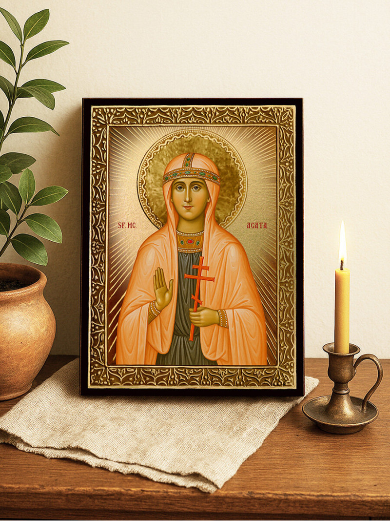Icoană cu Sfânta Agatia cu raze aurii decorative