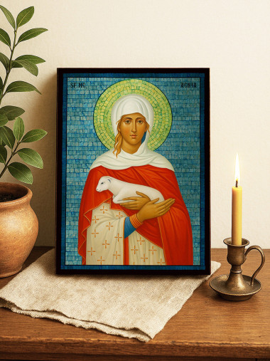 Icoană cu Sfânta Agnesa cu mozaic albastru argintiu