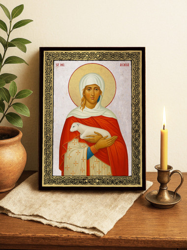 Icoană cu Sfânta Agnesa pe fundal argintiu cu ramă aurie