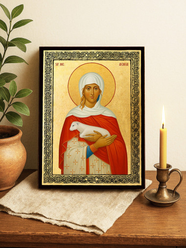 Icoană aurită cu Sfânta Agnesa și ramă decorativă