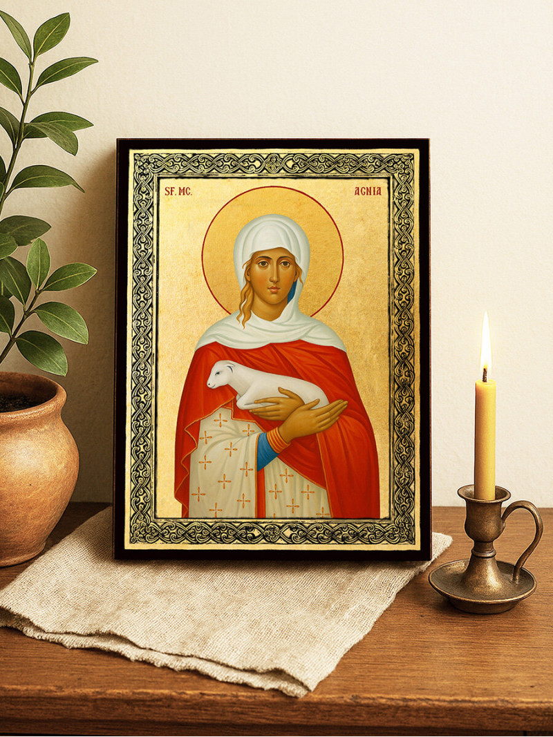 Icoană aurită cu Sfânta Agnesa și ramă decorativă