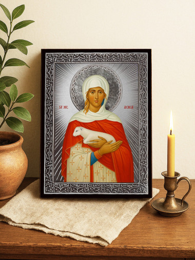 Icoană cu Sfânta Agnesa cu raze argintii decorative