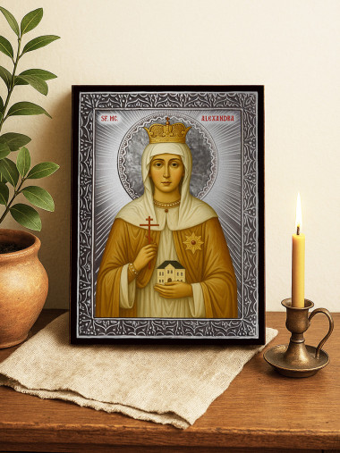 Icoană cu Sfânta Alexandra cu raze argintii decorative