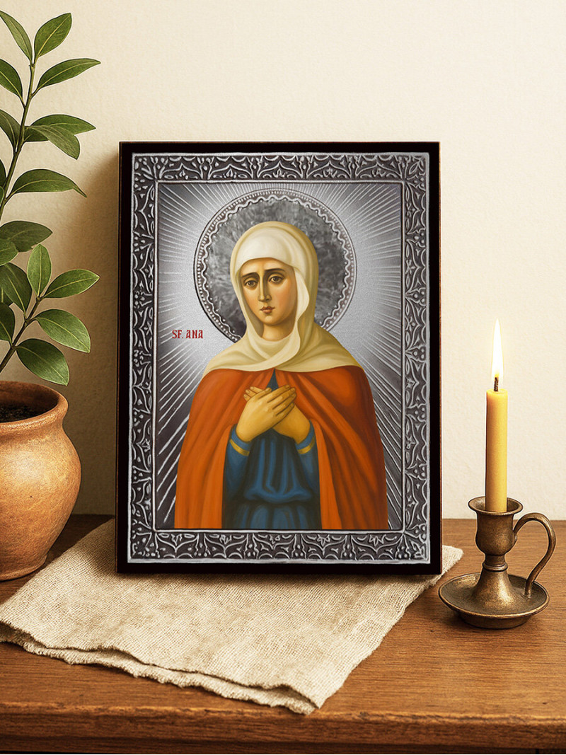 Icoană cu Sfânta Ana cu raze argintii decorative