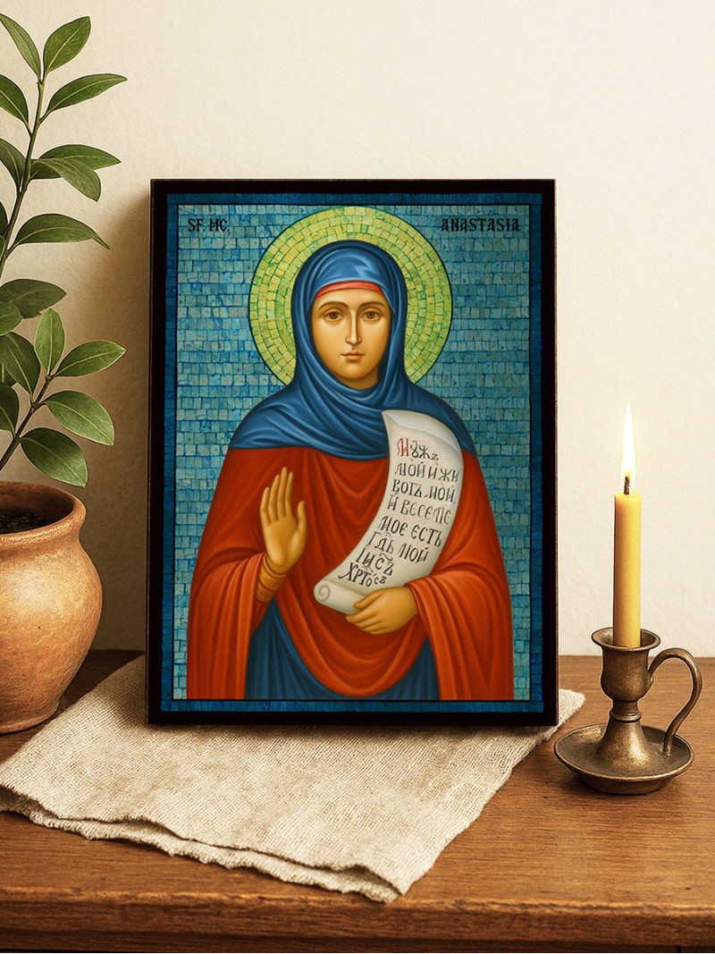 Icoană cu Sfânta Anastasia cu mozaic albastru argintiu