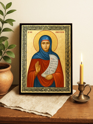 Icoană aurită cu Sfânta Anastasia și ramă decorativă