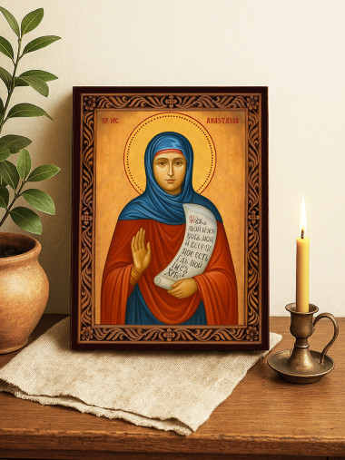 Icoană cu Sfânta Anastasia cu ramă decorativă sculpturală
