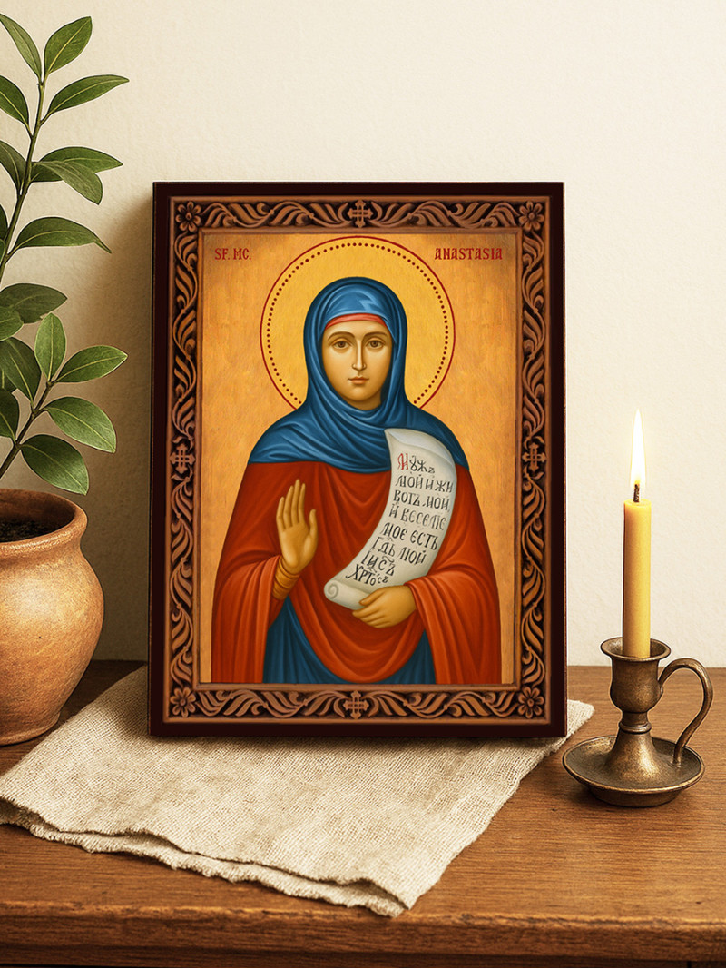 Icoană cu Sfânta Anastasia cu ramă decorativă sculpturală