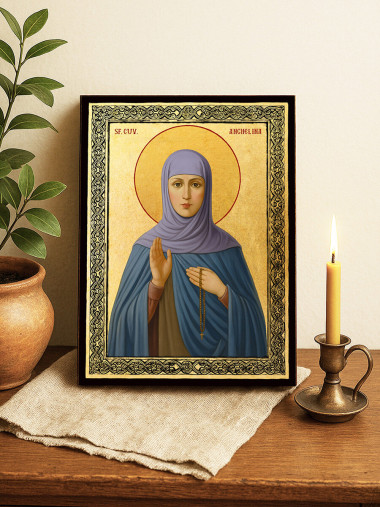 Icoană aurită cu Sfânta Angelina și ramă decorativă