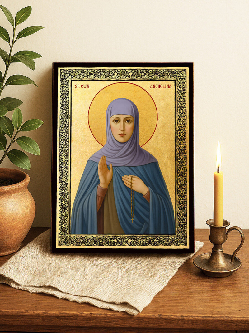 Icoană aurită cu Sfânta Angelina și ramă decorativă