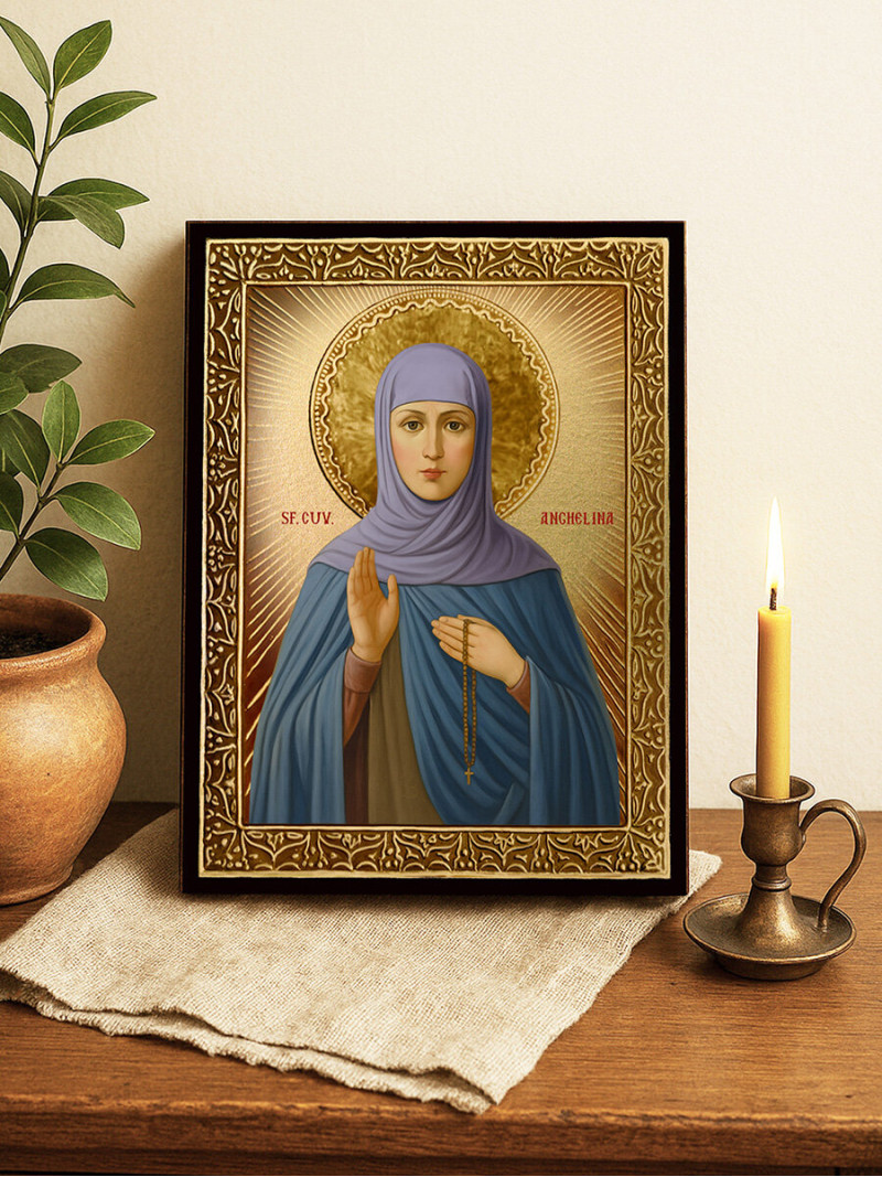 Icoană cu Sfânta Angelina cu raze aurii decorative