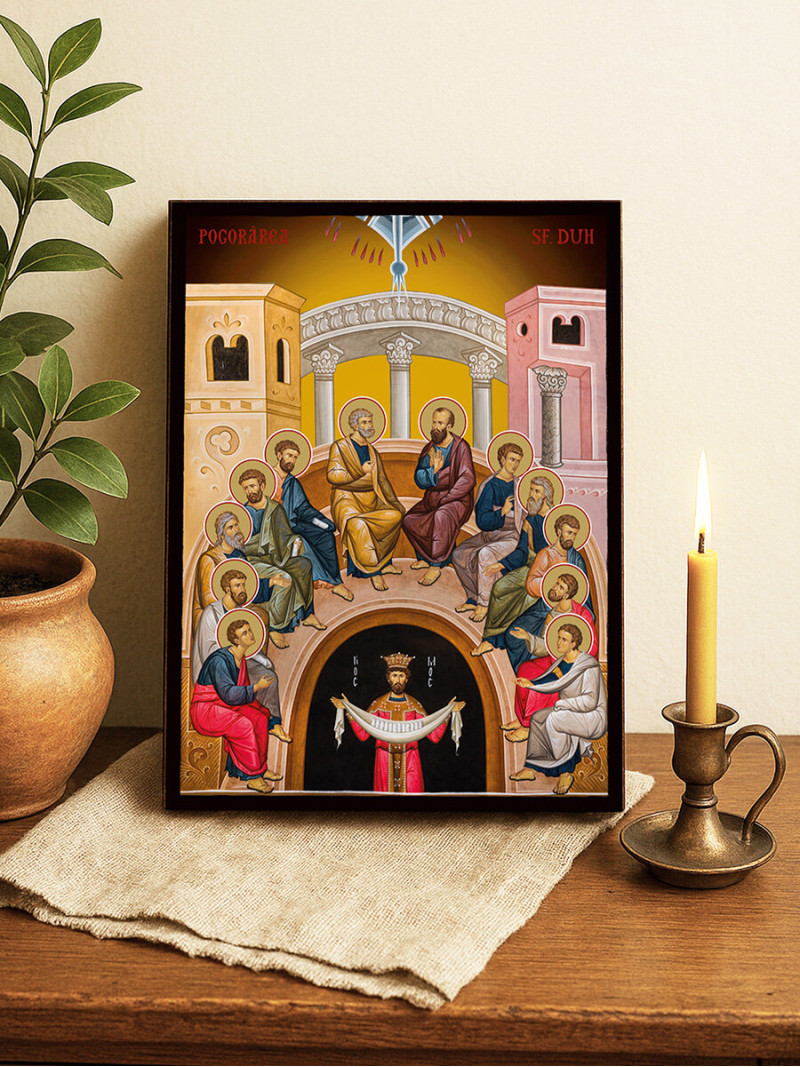 Icoană ortodoxă cu Sfânta Cincizecime cu fundal galben luminos