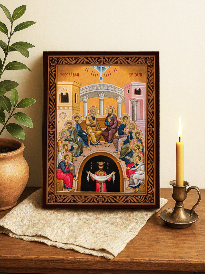 Icoană ortodoxă cu Sfânta Cincizecime cu ramă decorativă stil sculptat