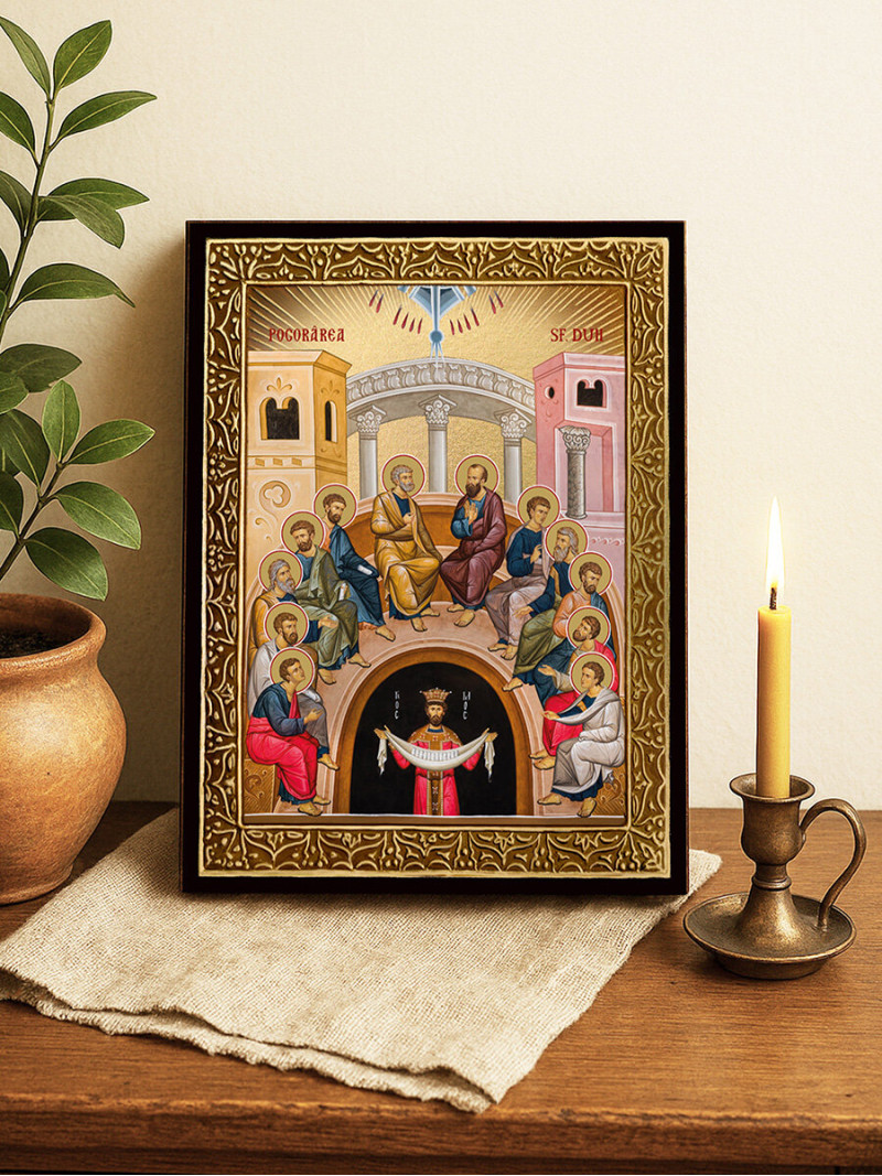 Icoană aurită cu Sfânta Cincizecime cu raze decorative