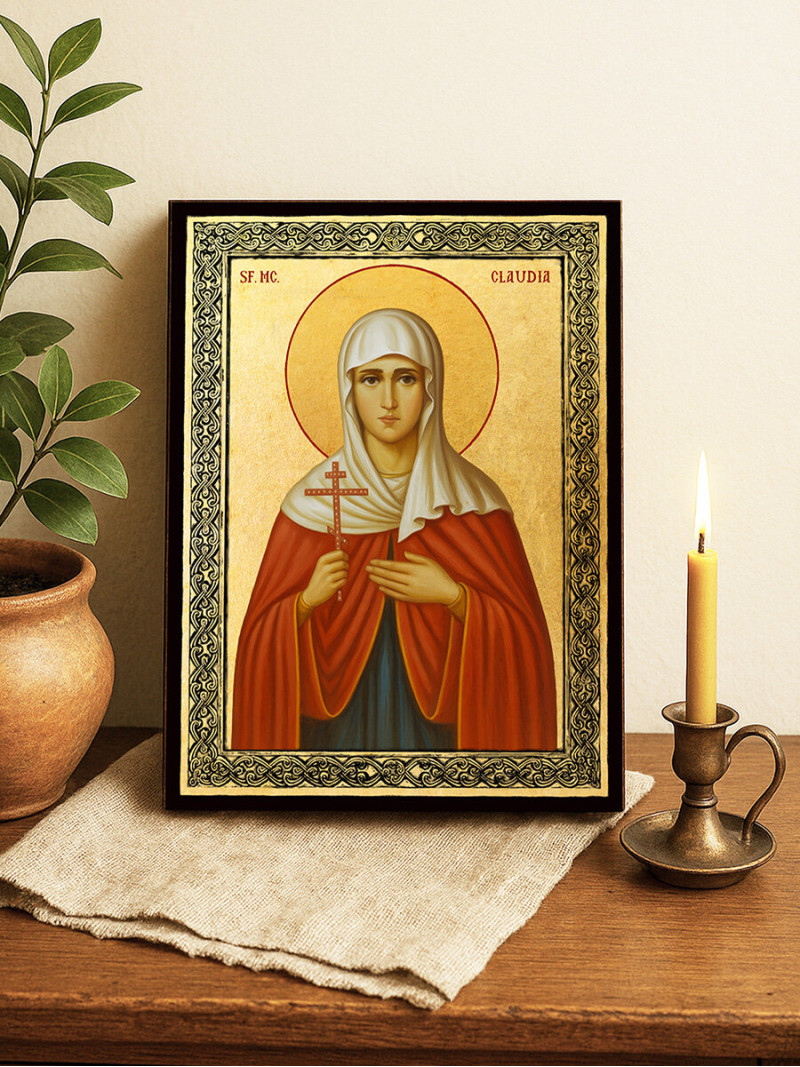 Icoană aurită cu Sfânta Claudia și ramă decorativă