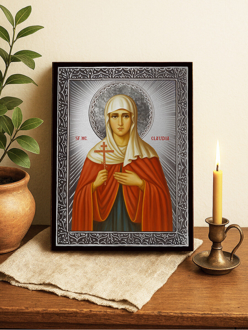 Icoană cu Sfânta Claudia cu raze argintii decorative