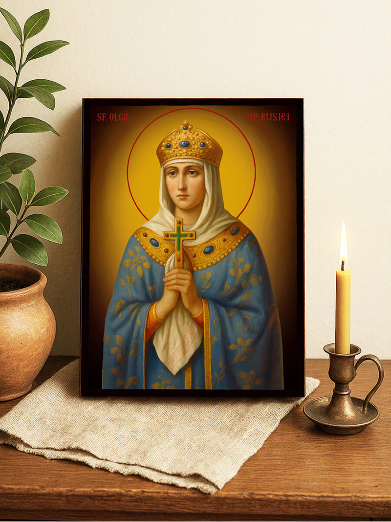 Icoană cu Sfânta Cneaghina Olga cu fundal galben luminos