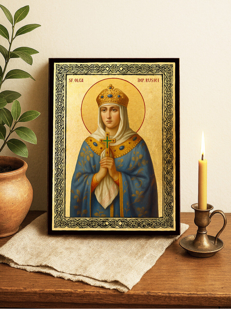 Icoană aurită cu Sfânta Cneaghina Olga și ramă decorativă