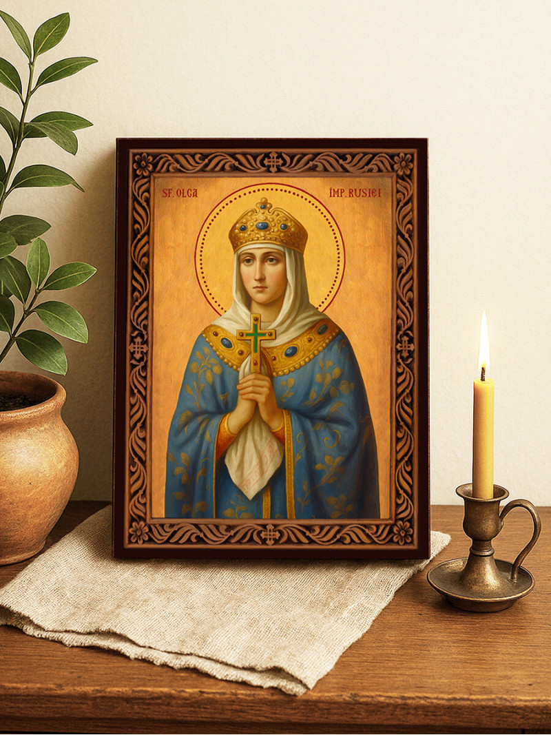 Icoană cu Sfânta Cneaghina Olga cu ramă decorativă rustică