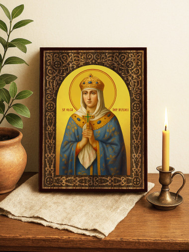 Icoană cu Sfânta Cneaghina Olga cu arcadă florală cu textură de lemn