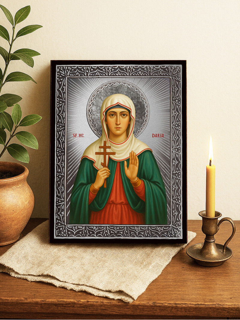 Icoană cu Sfânta Daria cu raze argintii decorative