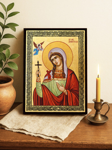 Icoană aurită cu Sfânta Doroteia și ramă decorativă