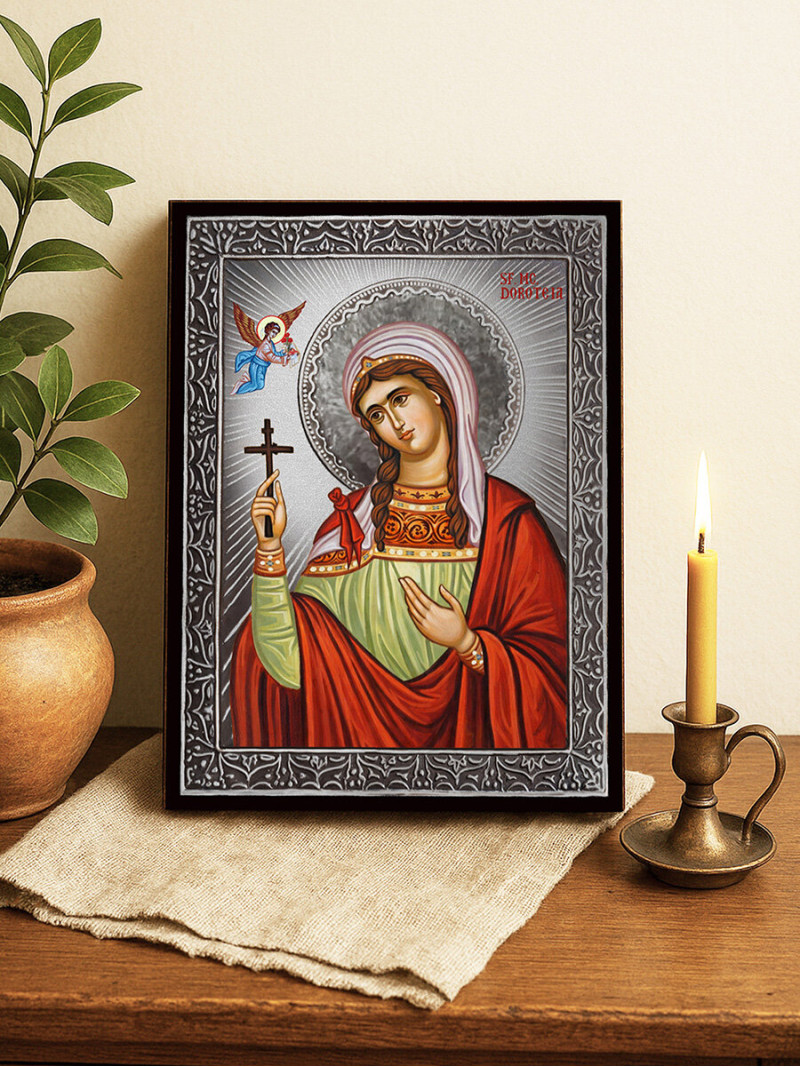 Icoană cu Sfânta Doroteia cu raze argintii decorative