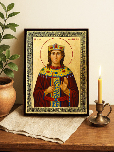 Icoană aurită cu Sfânta Ecaterina și ramă decorativă