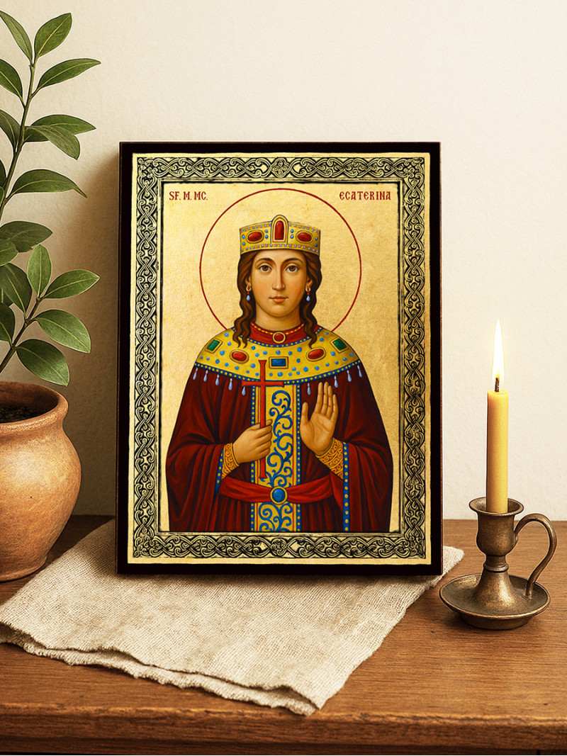 Icoană aurită cu Sfânta Ecaterina și ramă decorativă