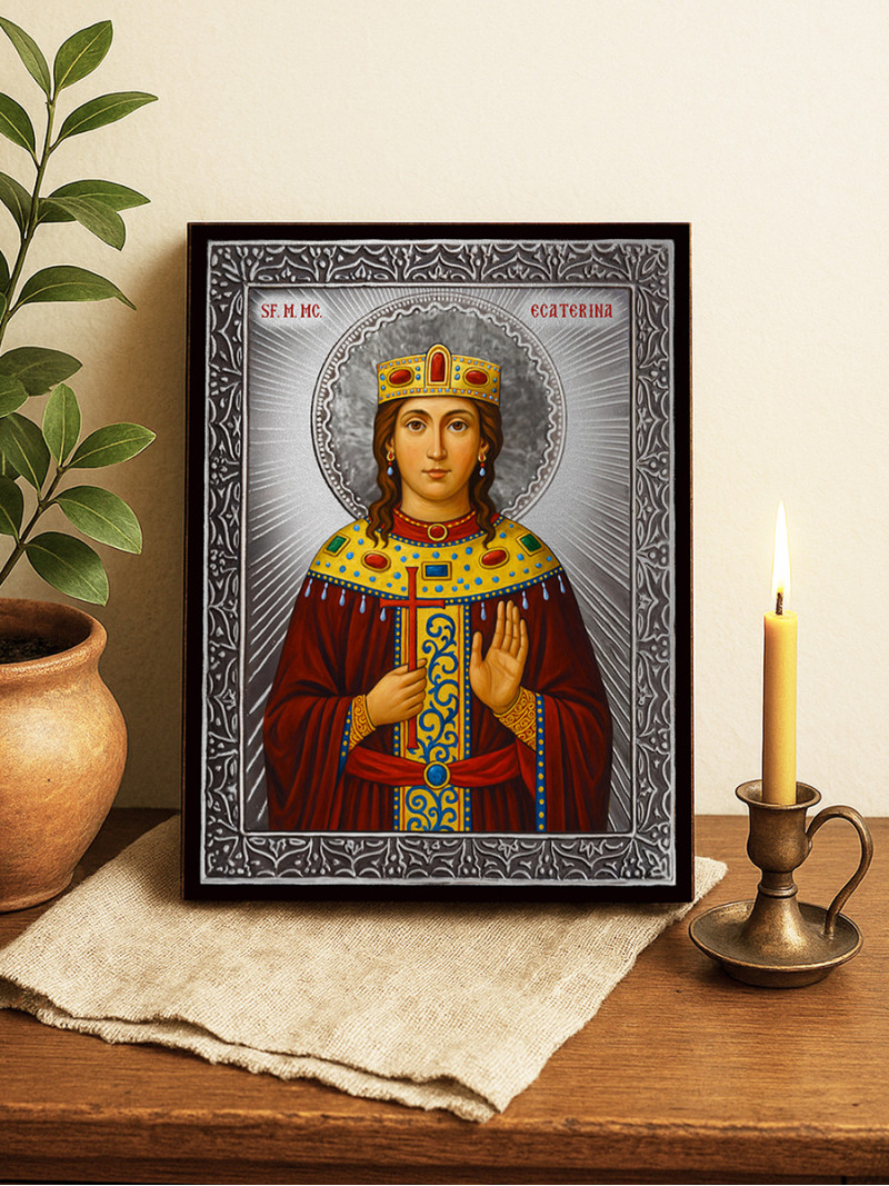 Icoană cu Sfânta Ecaterina cu raze argintii decorative