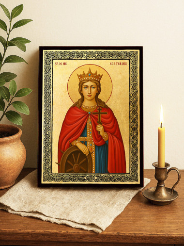 Icoană aurită cu Sfânta Ecaterina și ramă decorativă