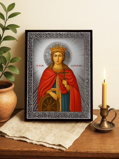 Icoană cu Sfânta Ecaterina cu raze argintii decorative