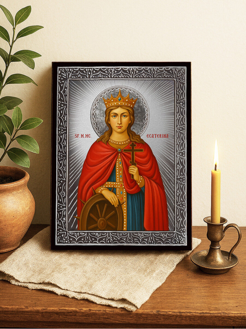 Icoană cu Sfânta Ecaterina cu raze argintii decorative
