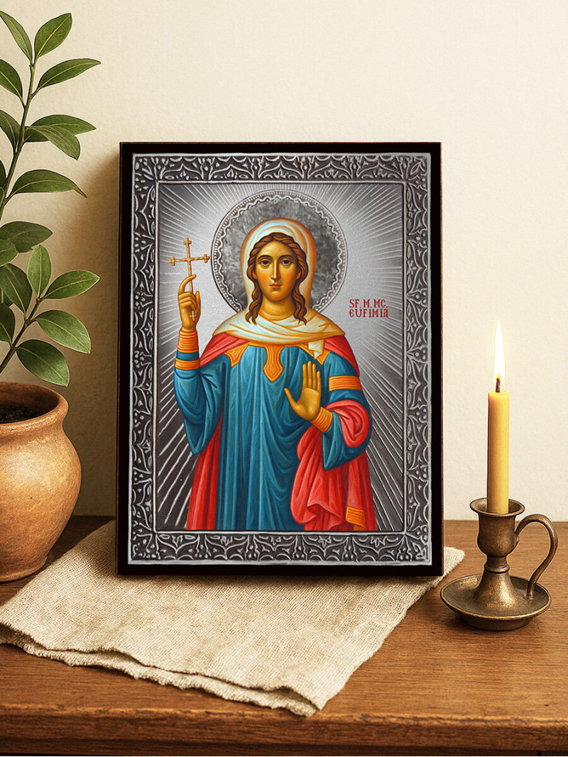 Icoană cu Sfânta Efimia cu raze argintii decorative