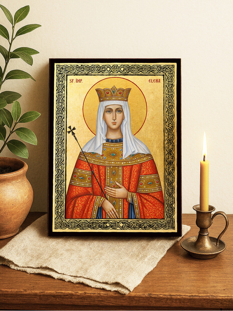 Icoană aurită cu Sfânta Elena și ramă decorativă