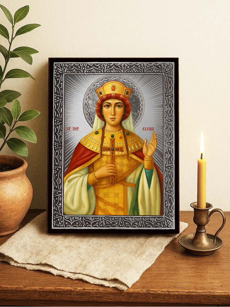 Icoană cu Sfânta Elena cu raze argintii decorative