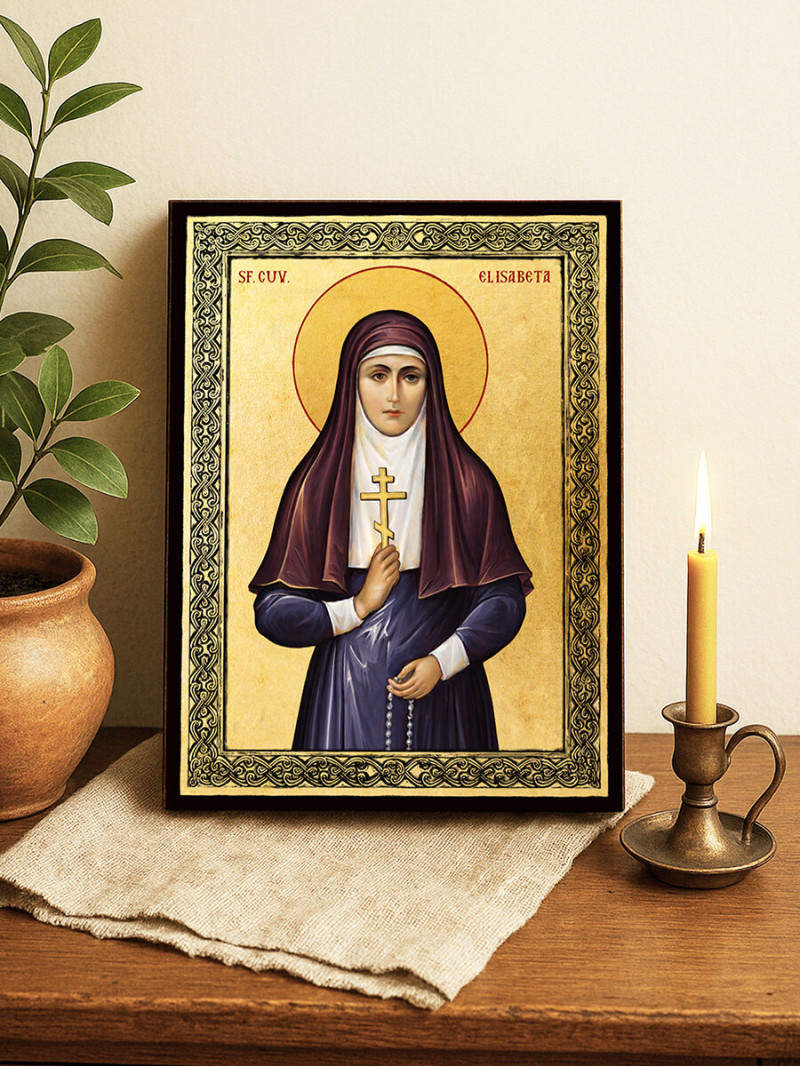 Icoană aurită cu Sfânta Elisabeta și ramă decorativă