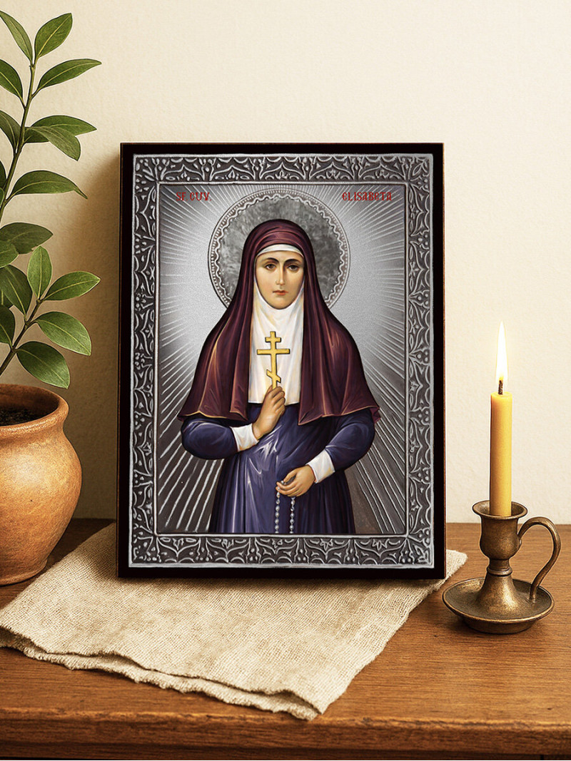 Icoană cu Sfânta Elisabeta cu raze argintii decorative