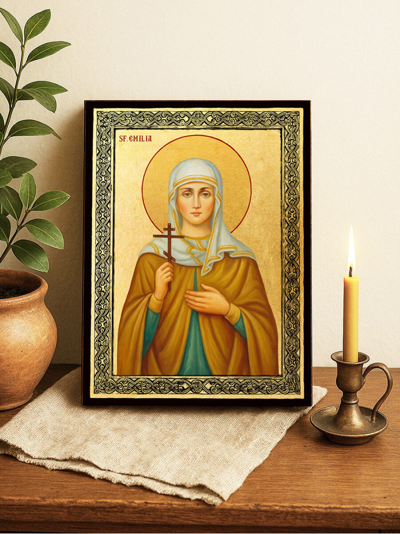Icoană aurită cu Sfânta Emilia și ramă decorativă