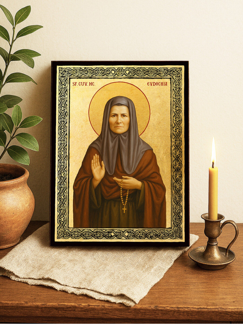 Icoană aurită cu Sfânta Evdochia și ramă decorativă