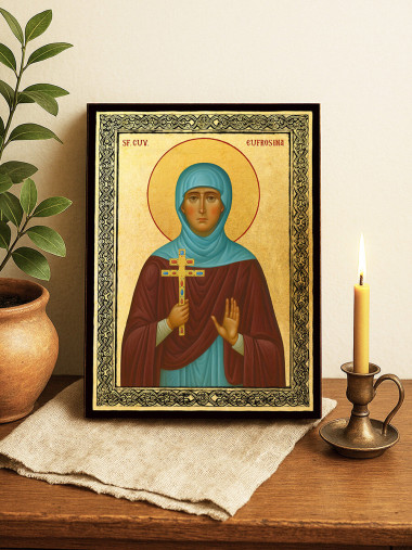 Icoană aurită cu Sfânta Evfrosina și ramă decorativă