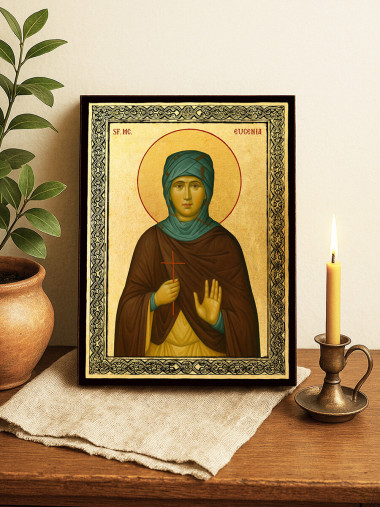 Icoană aurită cu Sfânta Evghenia și ramă decorativă
