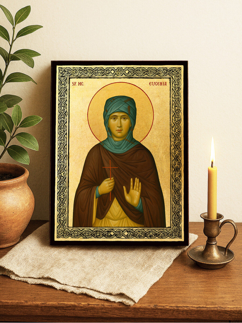 Icoană aurită cu Sfânta Evghenia și ramă decorativă