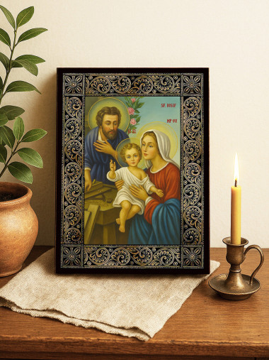 Icoană cu Sfânta Familie cu ramă florală decorativă
