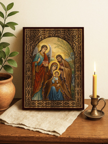 Icoană a lui Isus Hristos, a Sfintei Fecioare Maria și a Sfântului Iosif – cu arc floral