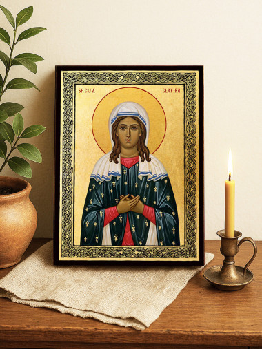 Icoană aurită cu Sfânta Glafira și ramă decorativă