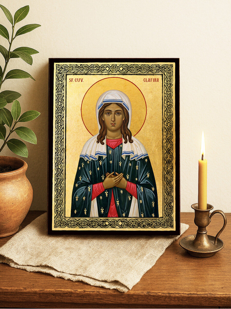 Icoană aurită cu Sfânta Glafira și ramă decorativă