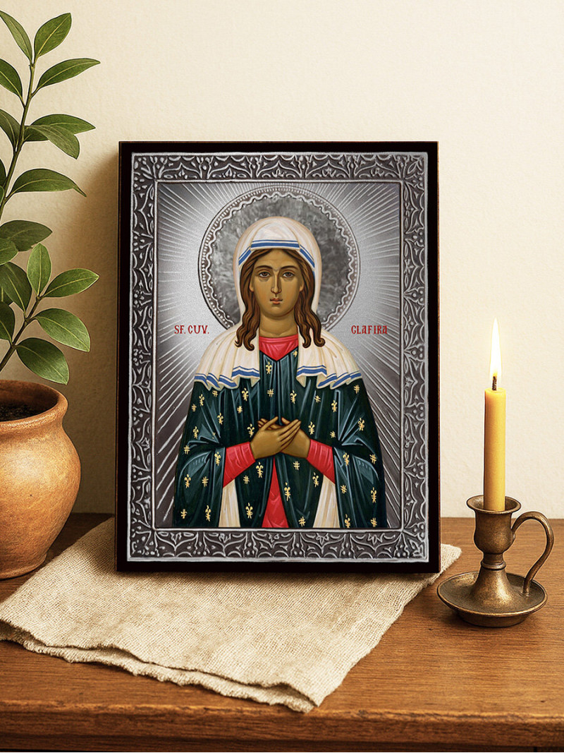 Icoană cu Sfânta Glafira cu raze argintii decorative