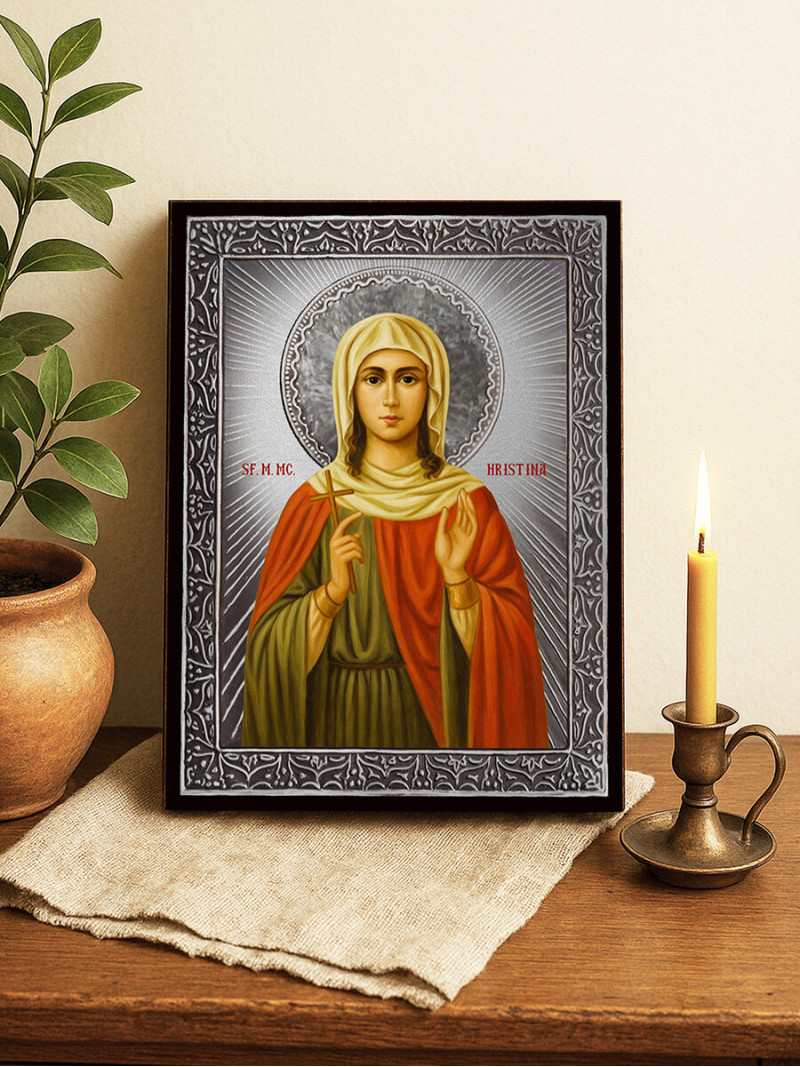 Icoană din argint cu Sfânta Hristina și raze decorative